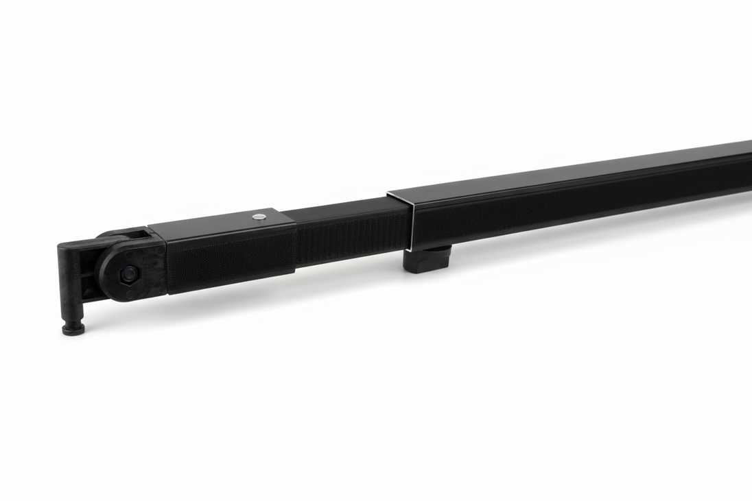 Black metal rod with a bracket on a white background