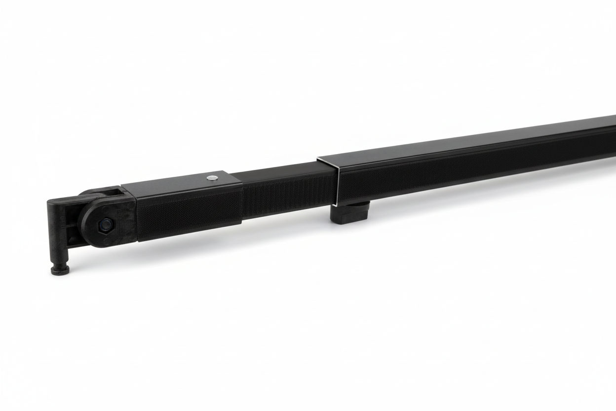 Black metal rod with a bracket on a white background