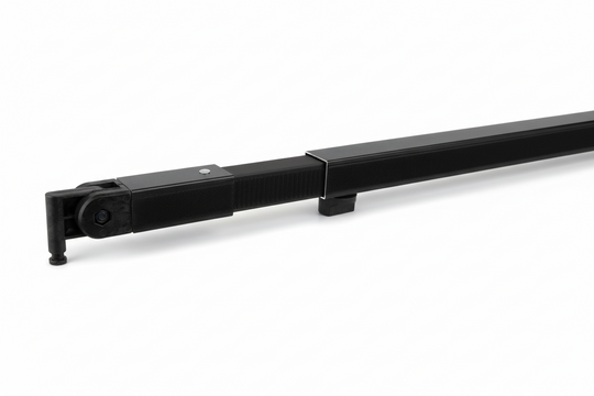 Black metal rod with a bracket on a white background